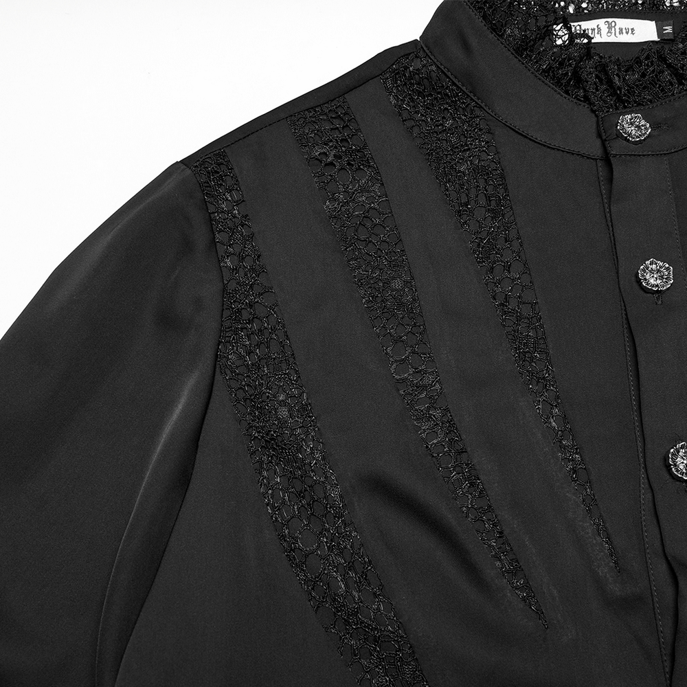Close-up of black gothic shirt with lace details and structured silhouette, featuring sharp teeth segmentation.