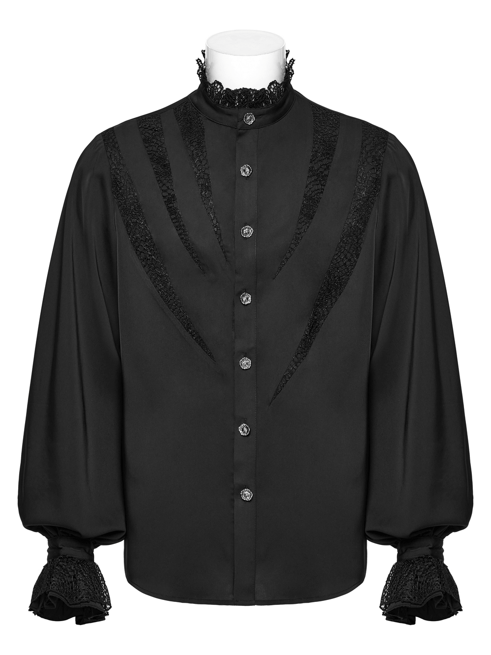 Black Gothic shirt with lace detail, ruffled collar, and sharp segmentation, perfect for Victorian and steampunk styles.