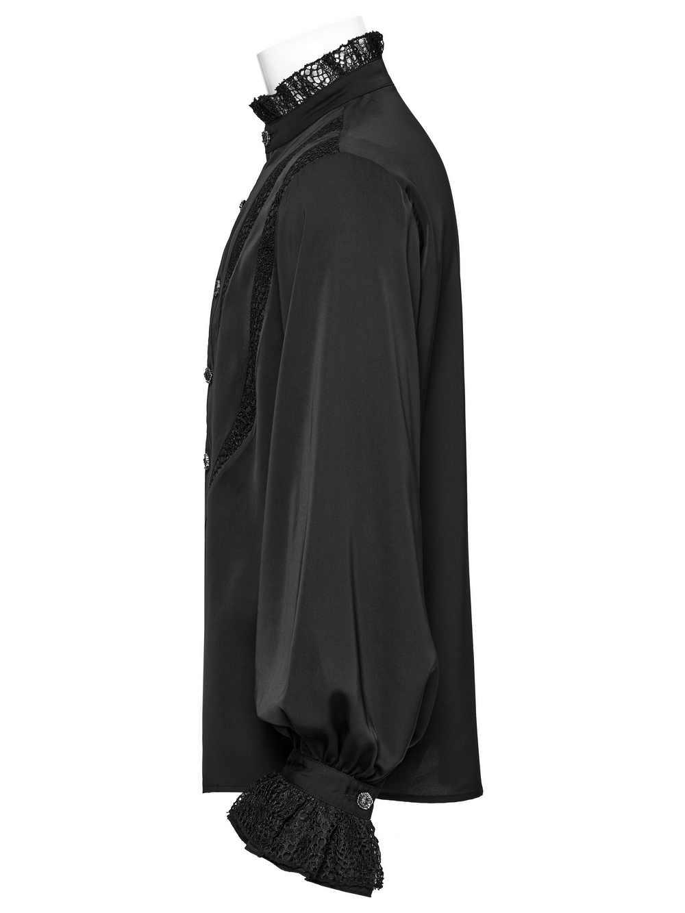 Side view of a black gothic shirt featuring lace trim and ruffled cuffs, perfect for dramatic gothic style.