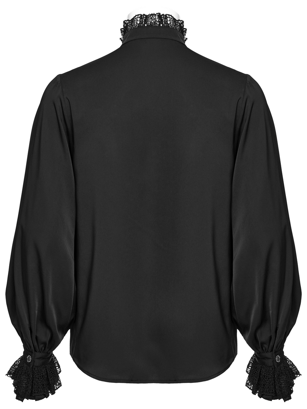Back view of a black gothic shirt featuring lace-trimmed cuffs and a ruffled collar, perfect for dramatic fashion styles.