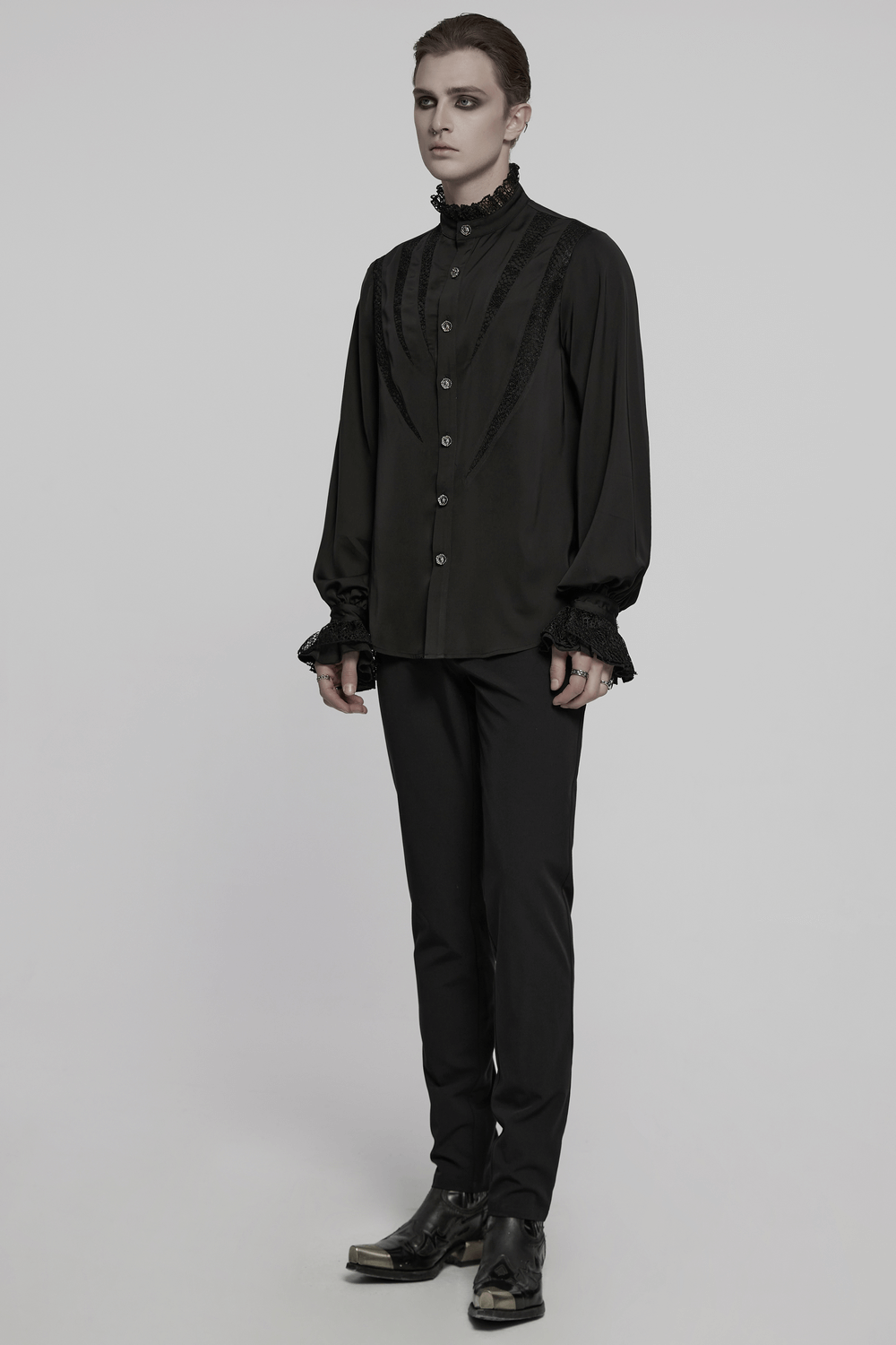 Black gothic shirt with lace and chiffon details, featuring a ruffled collar and sharp teeth segmentation.