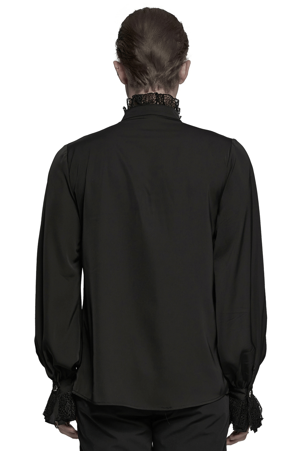 Back view of a black gothic shirt featuring lace-trimmed cuffs and a ruffled collar for dramatic elegance.