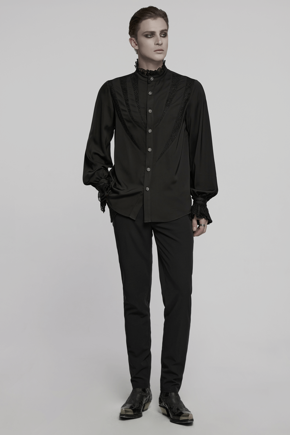 Gothic black shirt with lace and chiffon details, featuring sharp teeth segmentation and ruffled collar.