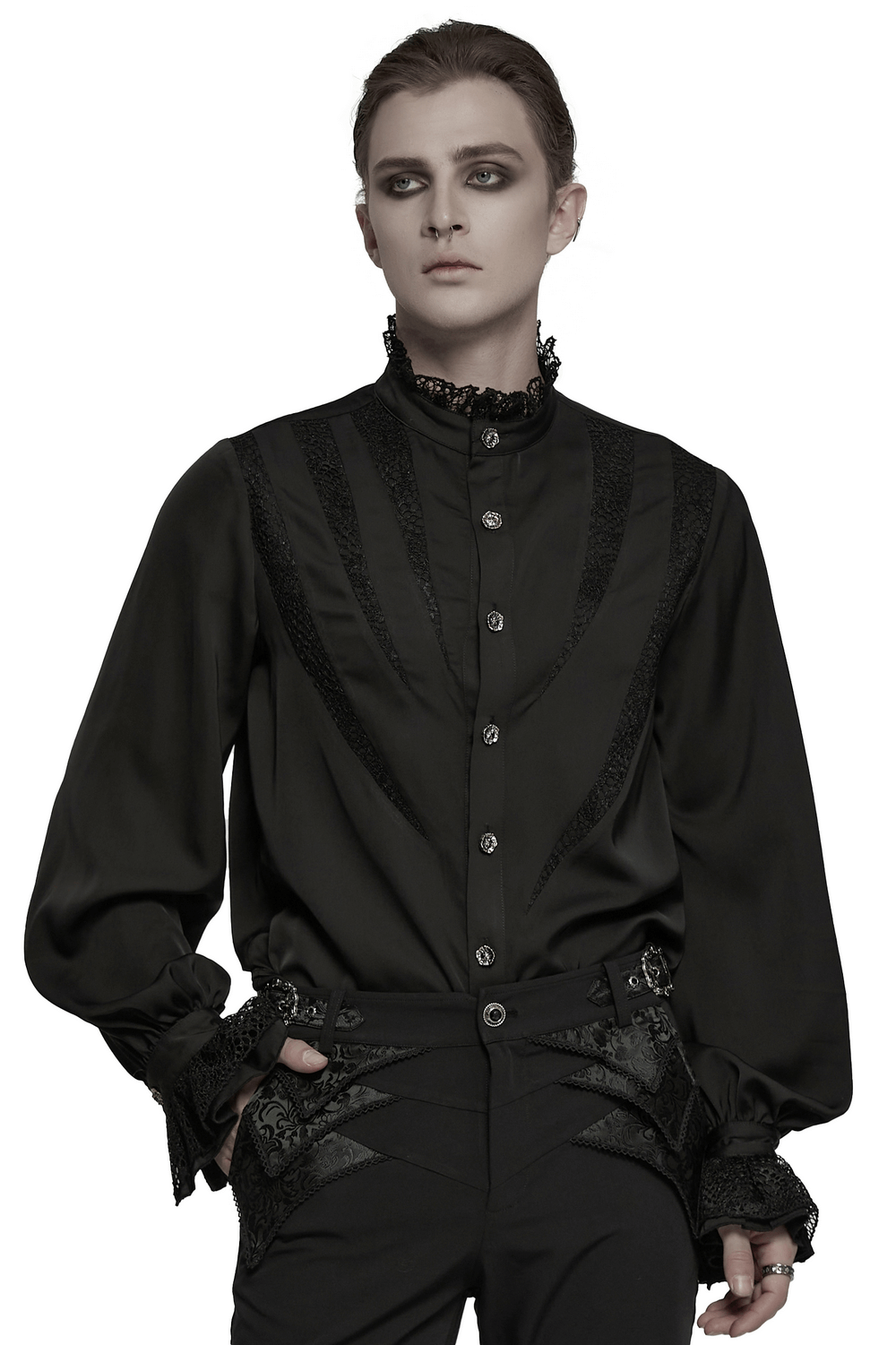 Black gothic shirt with lace and chiffon details, featuring sharp teeth segmentation and ruffled collar for dramatic elegance.