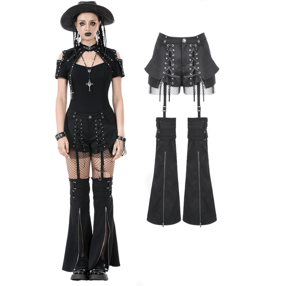 Black gothic lace-up shorts with mesh and detachable flares, styled for punk and cyber-inspired fashion.