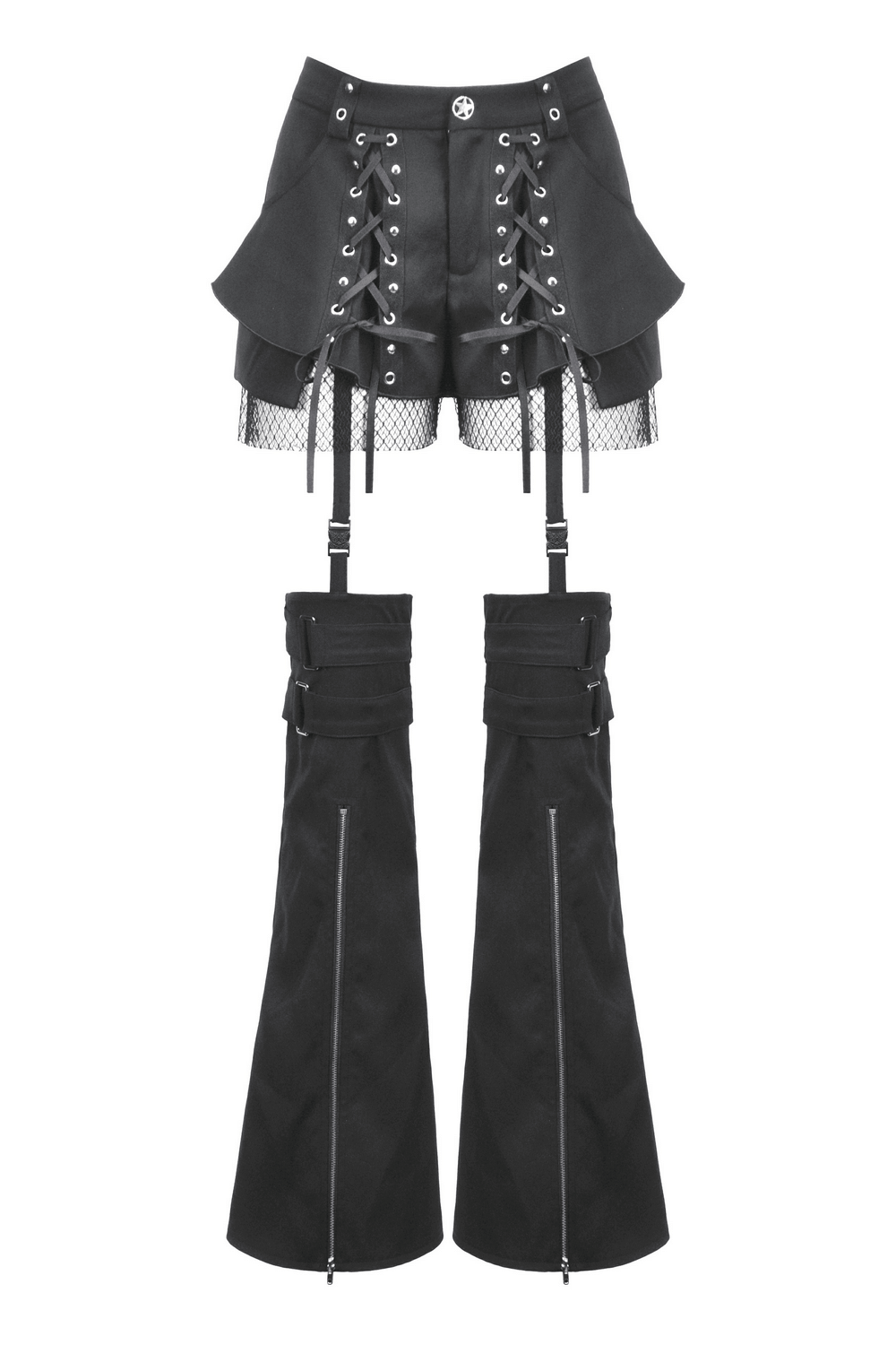 Black gothic shorts with straps, lace-up details, and detachable flares for edgy street fashion.
