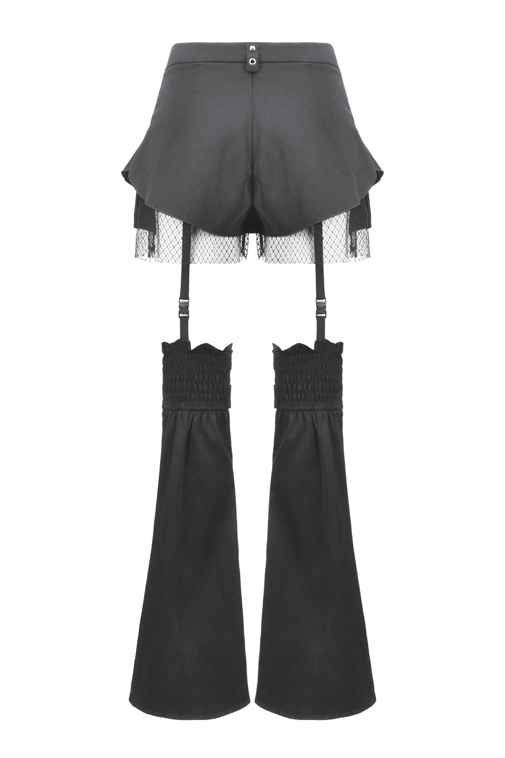 Black gothic shorts with straps and detachable flares, featuring mesh accents and lace-up details.