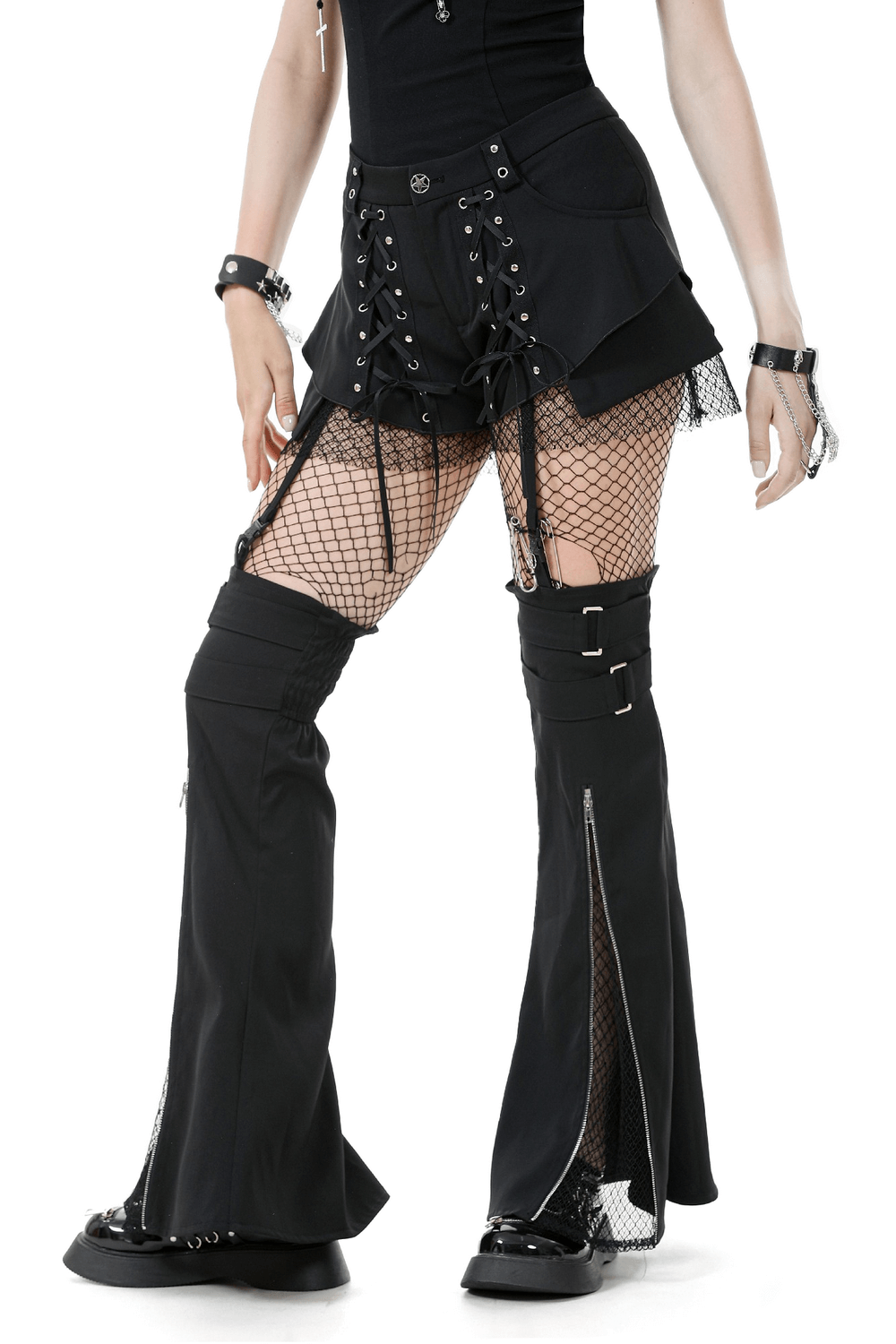 Black gothic shorts with straps and detachable flares, featuring lace-up style and mesh accents.