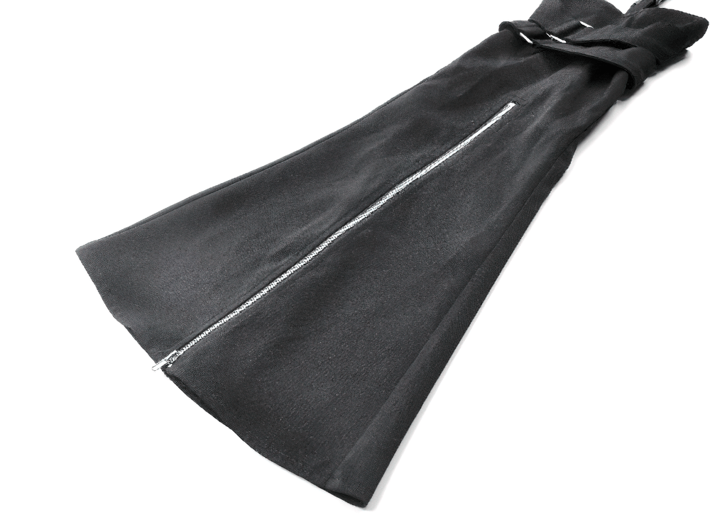 Black detachable flare leg cover with zip details for gothic shorts, showcasing edgy style and adjustable straps.