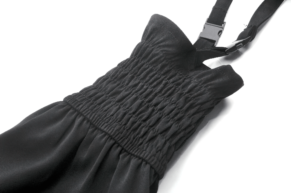 Close-up of black gothic shorts with smocked bodice and adjustable straps, perfect for punk and cyber fashion.