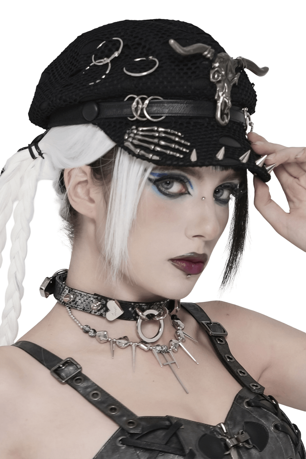 Black Gothic Skull Studded Distressed Mesh Beret worn stylishly with punk accessories and striking makeup.