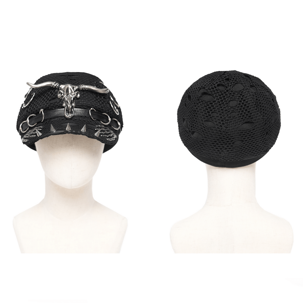 Black Gothic Skull Studded Distressed Mesh Beret featuring bull skull accent and spike trim.