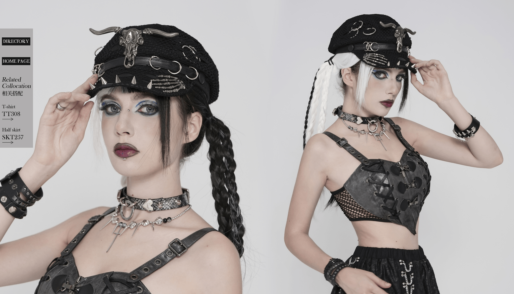 Black Gothic Skull Studded Distressed Mesh Beret worn by model with edgy attire and bold makeup.