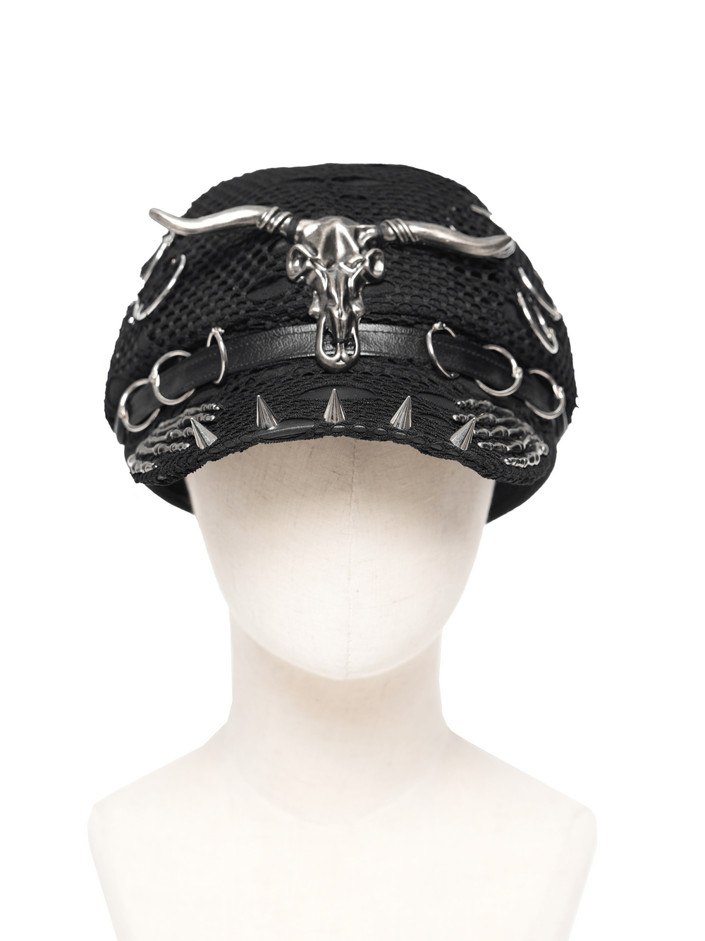 Black Gothic Skull Studded Distressed Mesh Beret on a mannequin with spikes and chains detailing.