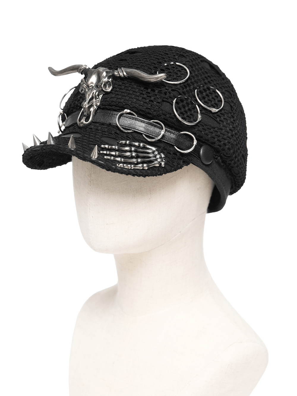 Black Gothic Skull Studded Distressed Mesh Beret with spikes and chains for a punk look.