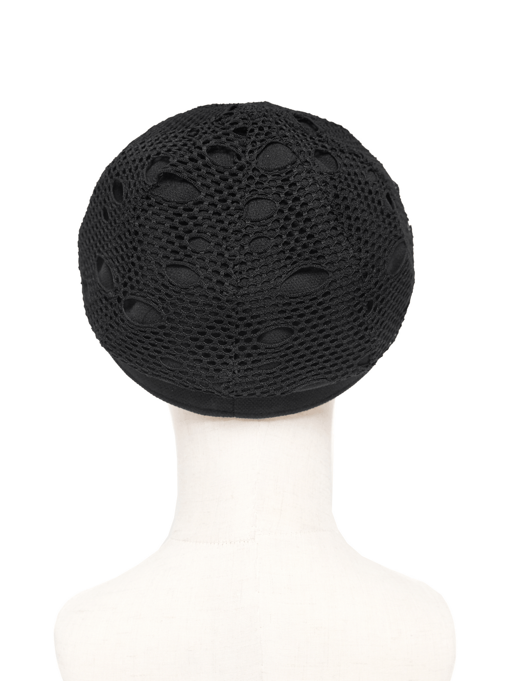 Black Gothic Skull Studded Distressed Mesh Beret showcasing unique distressed mesh design and black coloring.