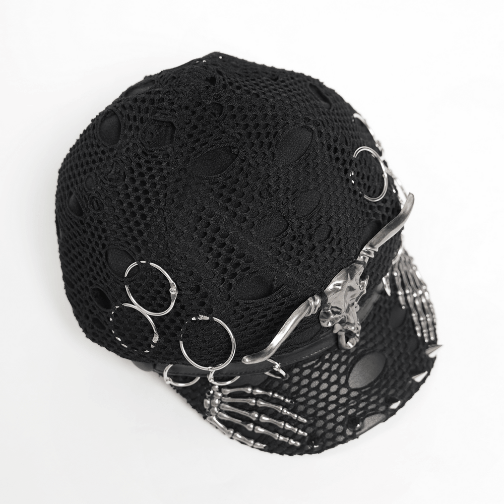 Black Gothic Skull Studded Distressed Mesh Beret with chain trim and spikes for a punk look.