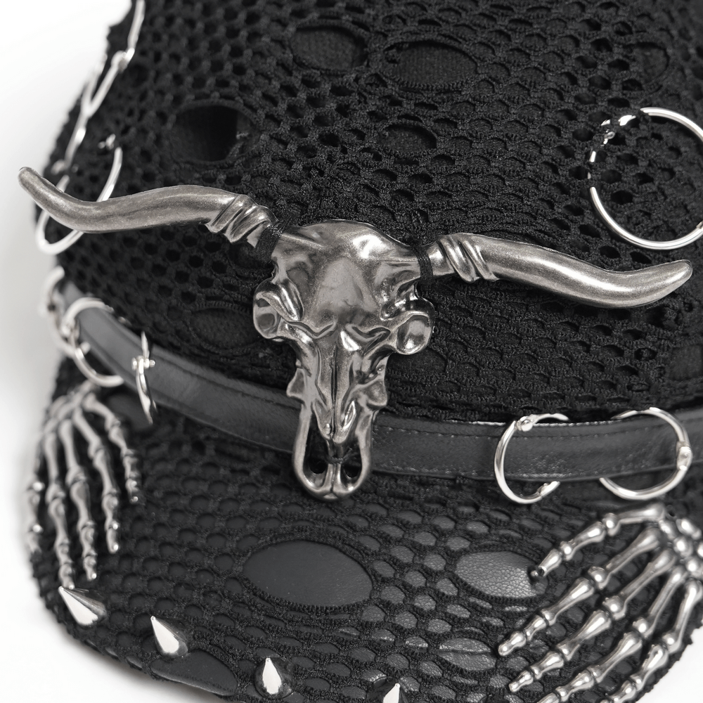 Black Gothic Skull Studded Distressed Mesh Beret with silver bull skull, chains, and spikes. Perfect punk accessory.
