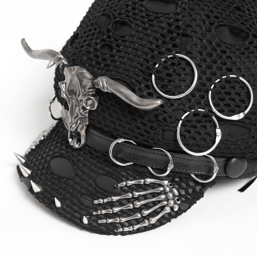 Black Gothic Skull Studded Distressed Mesh Beret with spikes and silver bull skull accent.