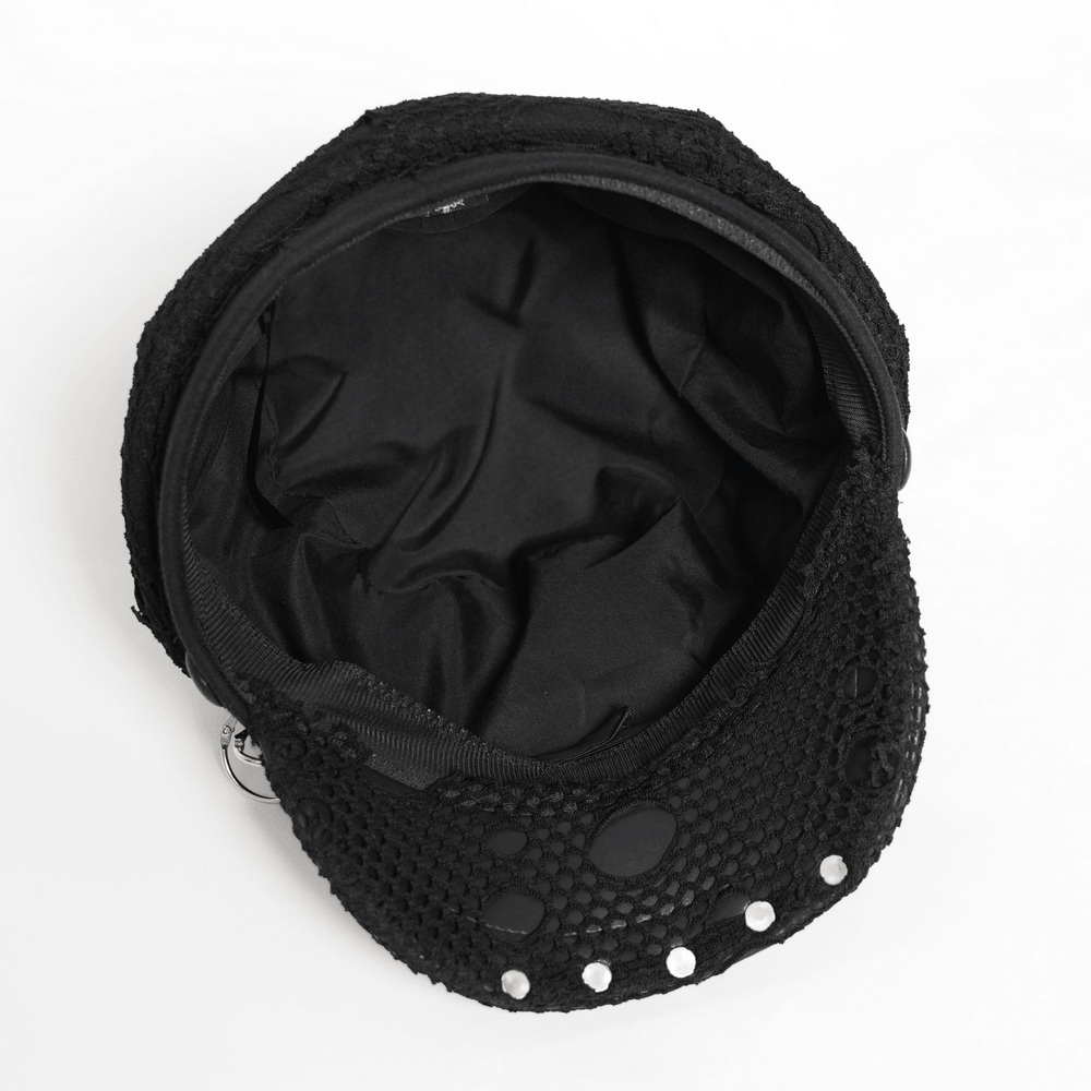 Black Gothic Skull Studded Distressed Mesh Beret interior view with black material and mesh detailing.