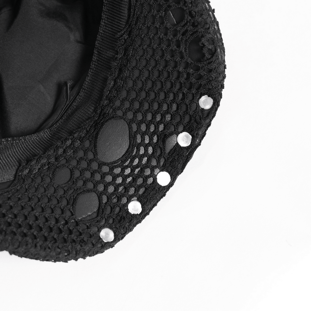 Black Gothic Skull Studded Distressed Mesh Beret featuring silver studs and distressed mesh design.