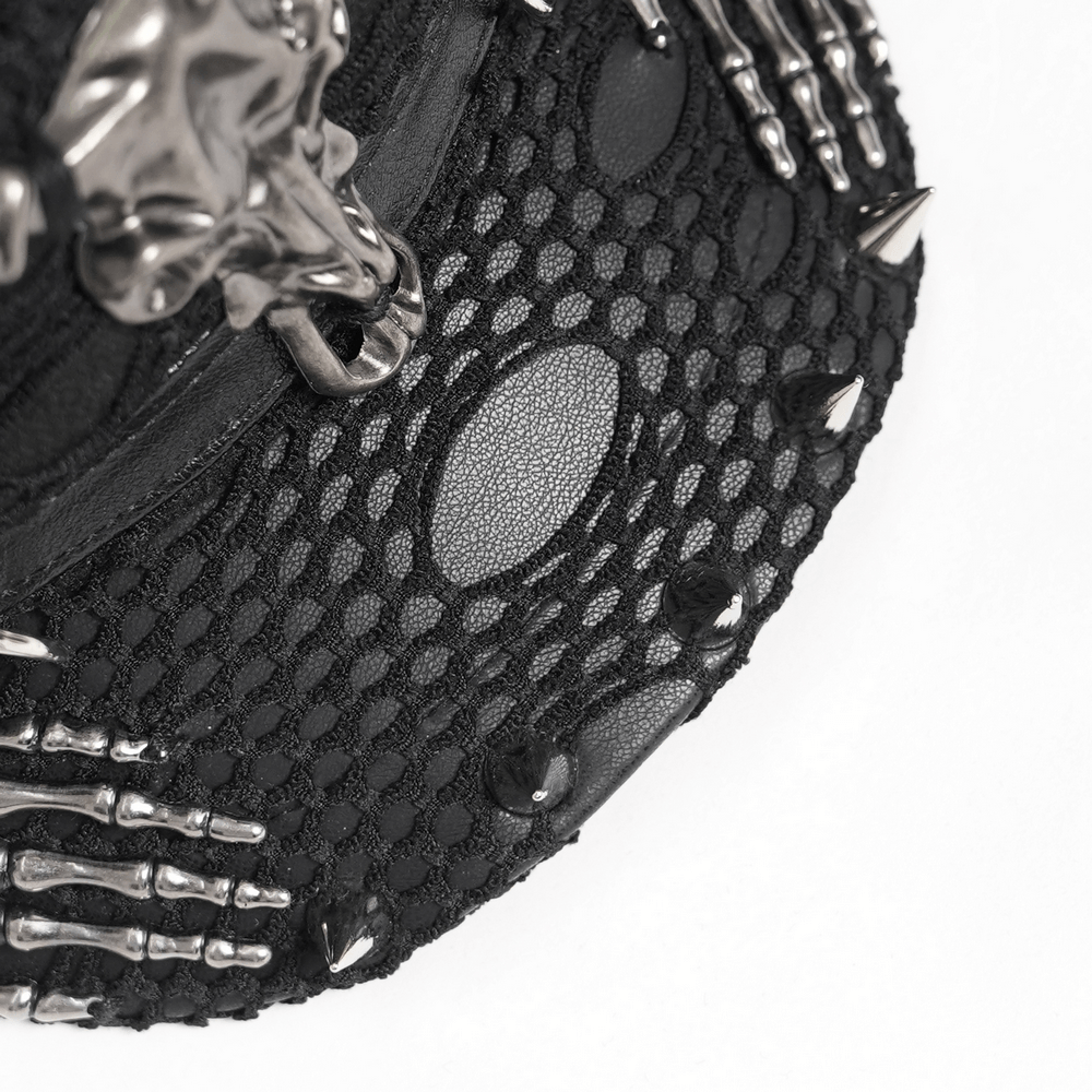 Close-up of Black Gothic Skull Studded Distressed Mesh Beret showcasing spikes and chains for a punk style.