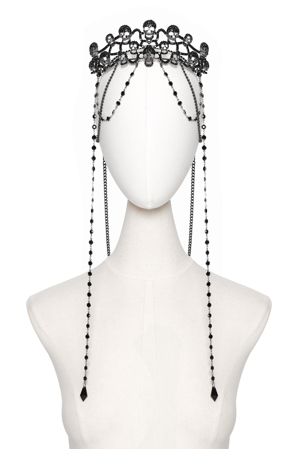 Black Gothic Crown with Skulls, Rhinestones, and Chains, perfect for adding dark elegance to any look.