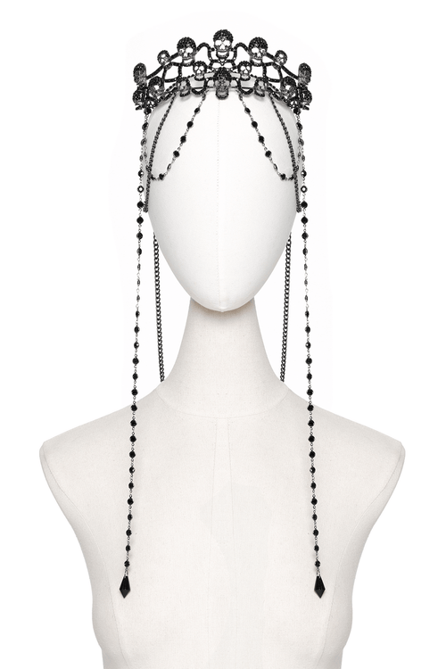 Black Gothic Skulls Crown with Rhinestones and Chains