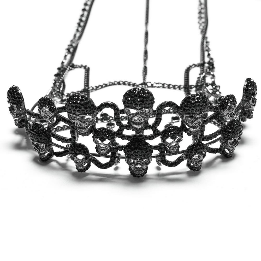 Black Gothic Skulls Crown adorned with rhinestones and chains, perfect for those who embrace dark elegance.