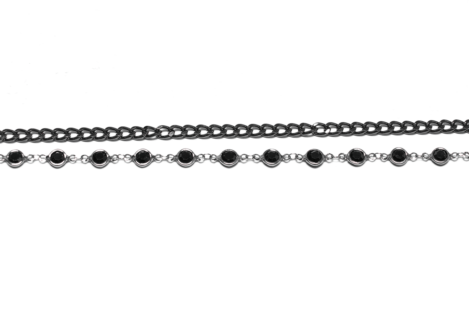 Black and silver chains with black gemstone accents for Gothic jewelry designs.