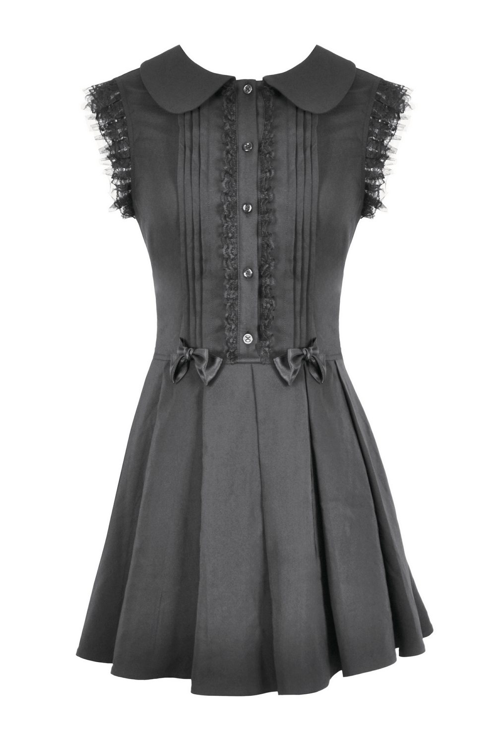 Black gothic sleeveless dress with Peter Pan collar, lace trim, pleats, and satin bows, perfect for alt fashion.