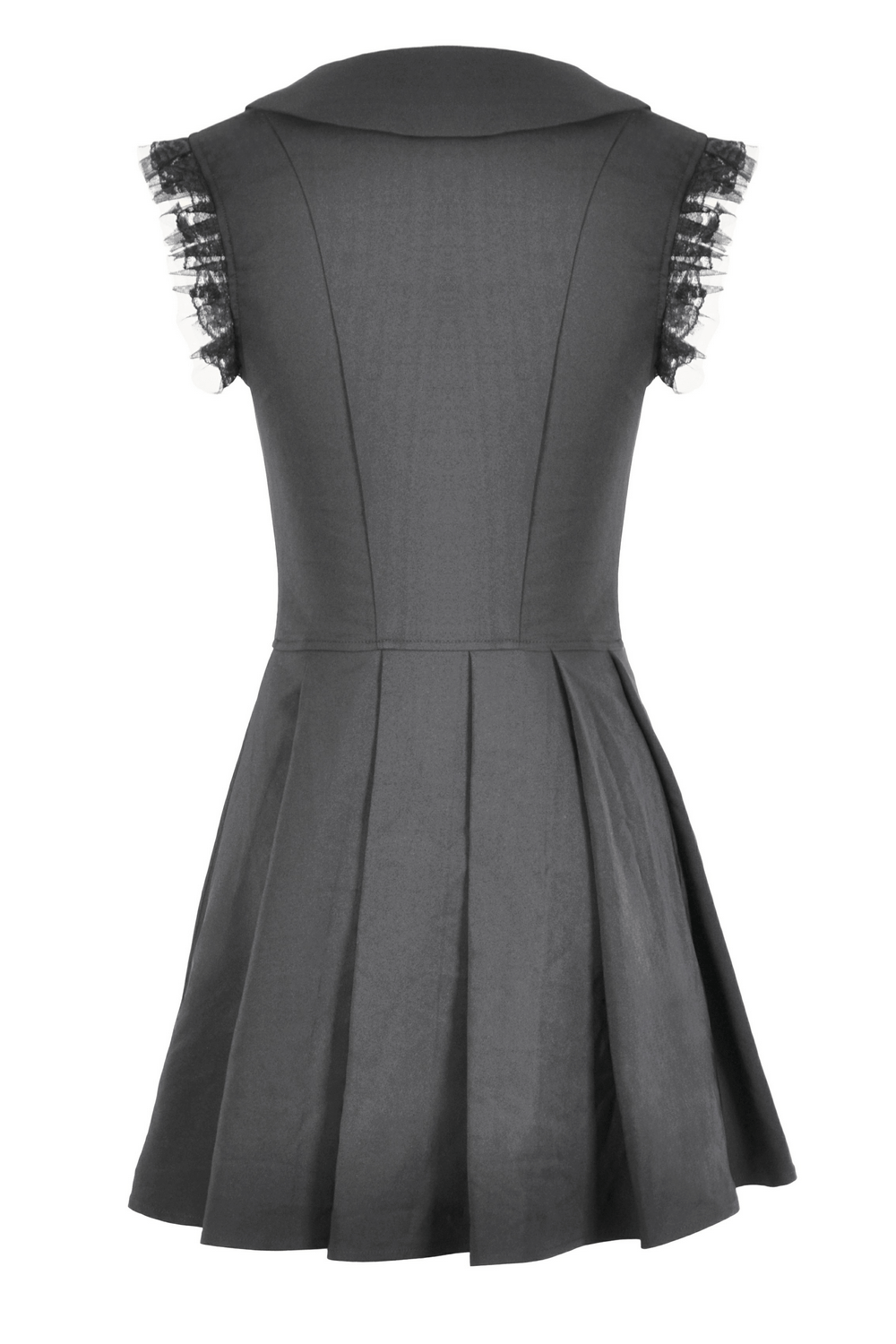 Black Gothic sleeveless dress with lace trim and pleated A-line skirt, featuring a Peter Pan collar and satin bows.