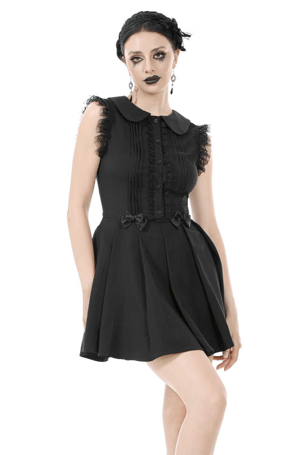 Black gothic sleeveless dress with lace trim, bow accents, and Peter Pan collar, perfect for alt fashion.