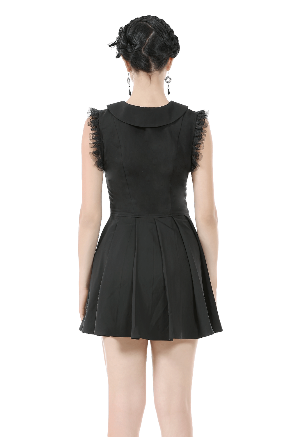 Back view of a black gothic sleeveless dress with lace trim and pleated skirt, showcasing a Peter Pan collar.
