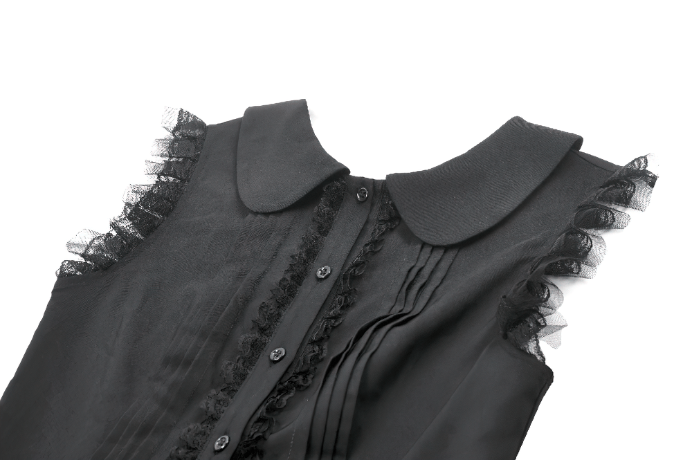 Black Gothic sleeveless dress with Peter Pan collar, lace trim, and button-down front, perfect for vintage-inspired fashion.