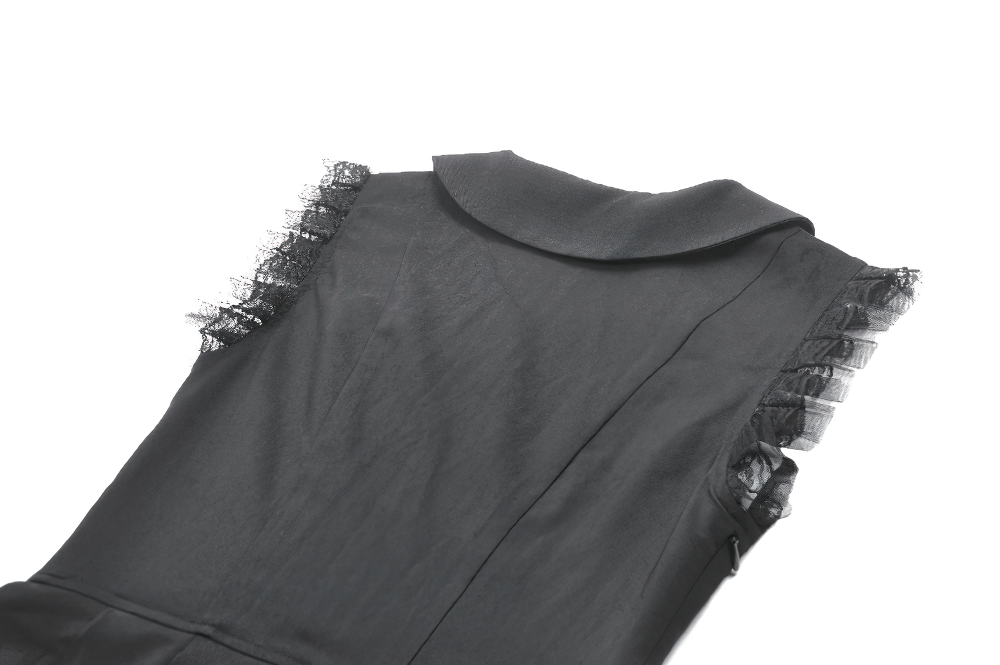 Back view of a black gothic sleeveless dress featuring a Peter Pan collar and lace-trimmed armholes.