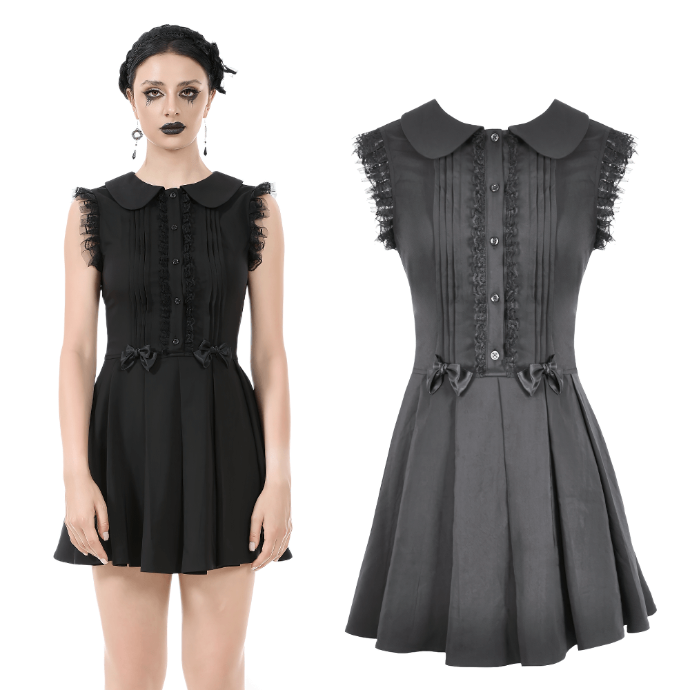 Black gothic sleeveless dress with Peter Pan collar, lace trim, bow accents, and pleated A-line skirt.