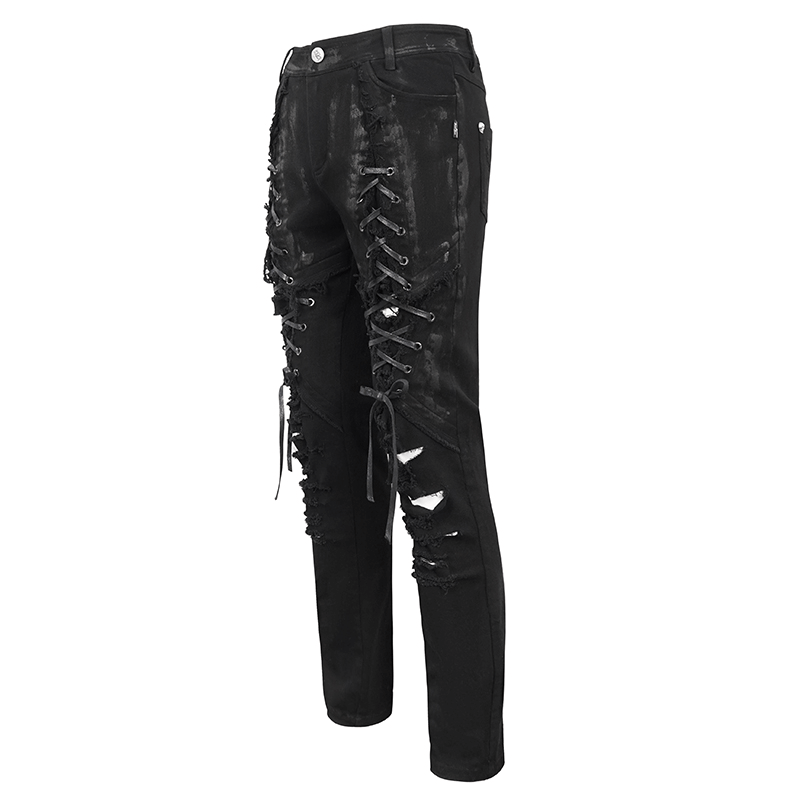 Black Gothic Slim Fitted Pants for Men / Stylish Lace-up on Thigh and Ripped on Knees Trousers - HARD'N'HEAVY