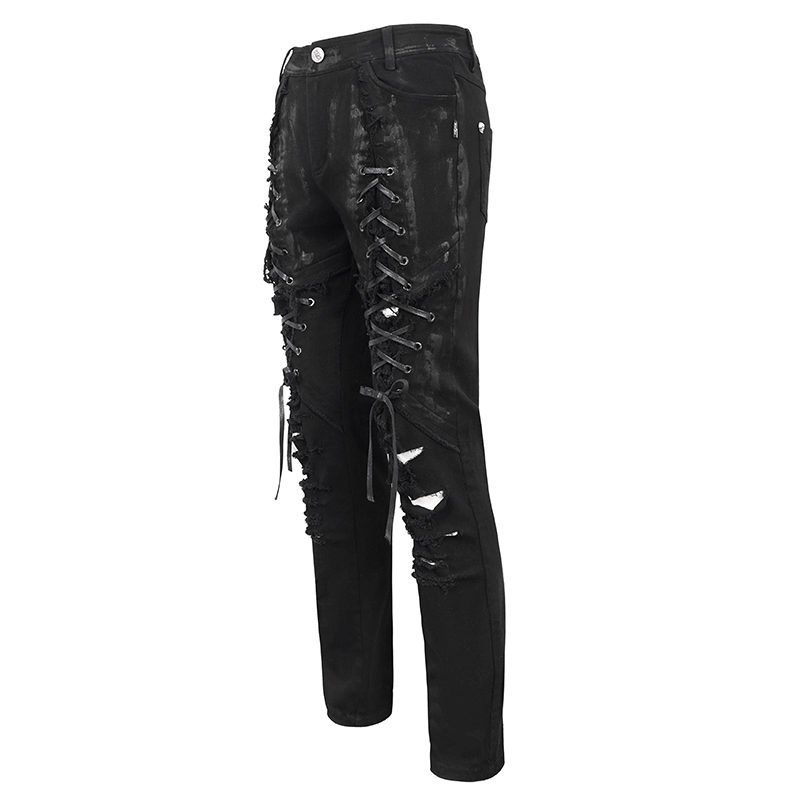 Black gothic slim-fitted men's pants with lace-up details on thighs and ripped knees for an edgy look.