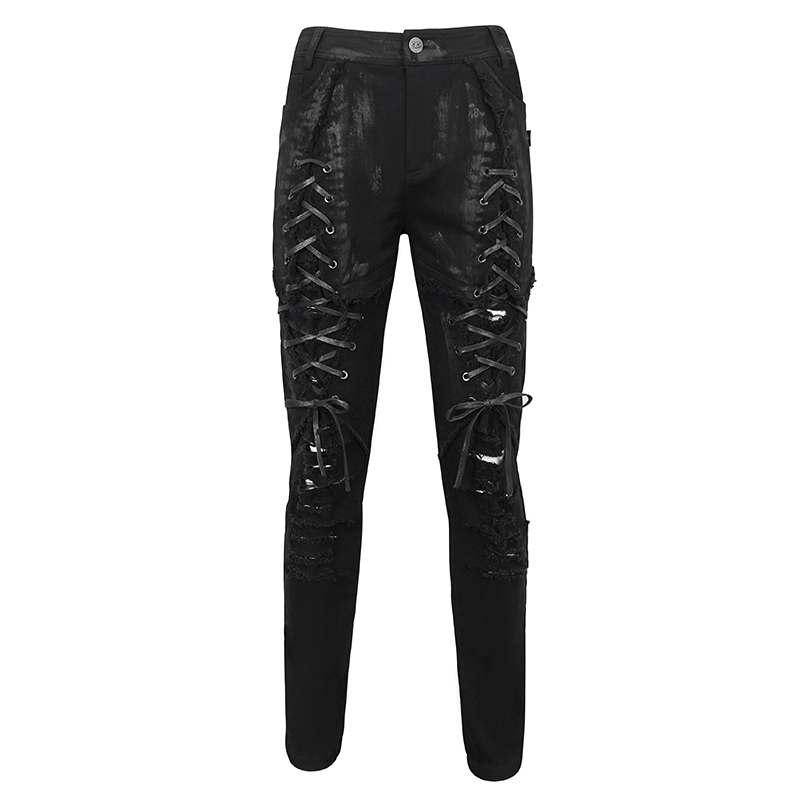 Black gothic slim-fitted pants for men with lace-up detailing and ripped knees, perfect for a bold style.
