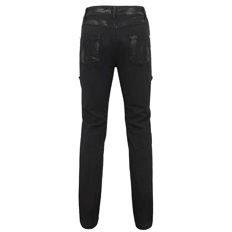 Back view of stylish black gothic slim-fitted pants for men with rips and lace-up detailing.