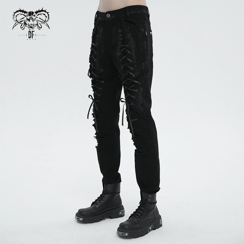 Men's black gothic slim-fitted pants with lace-up detailing and ripped knees for a stylish edgy look.