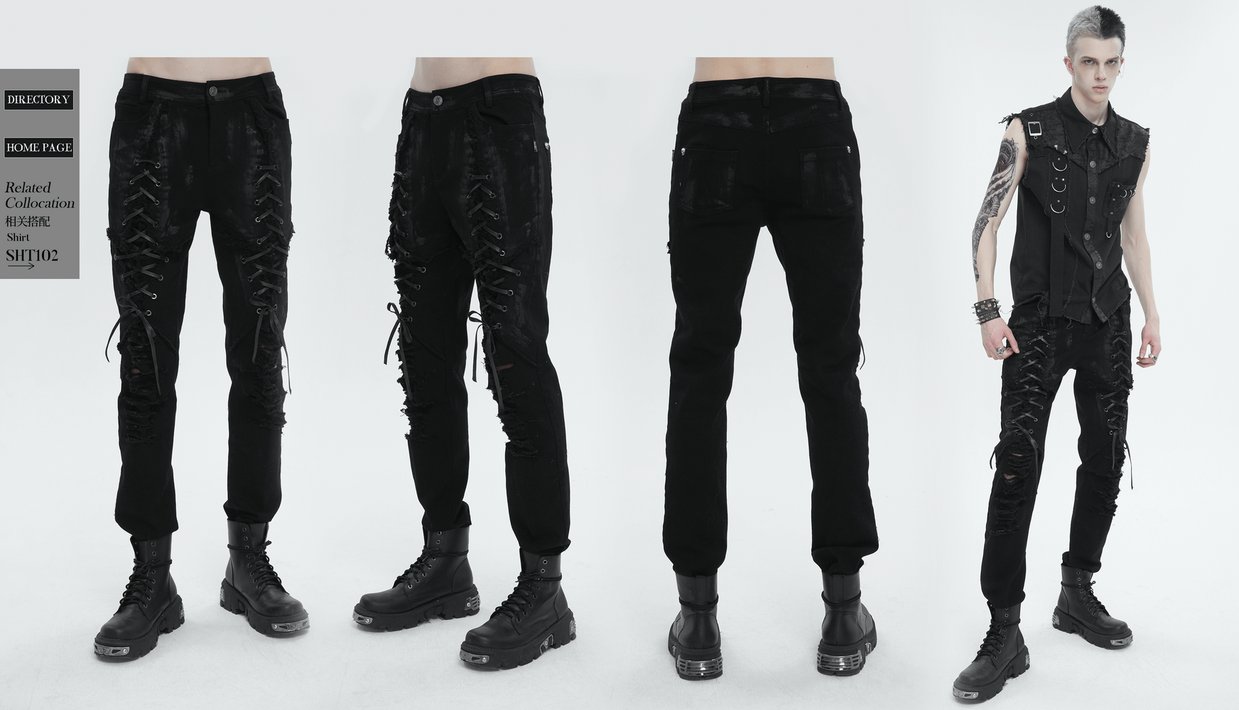 Men's black gothic slim-fitted pants with lace-up thighs and ripped knees for a stylish edgy look.