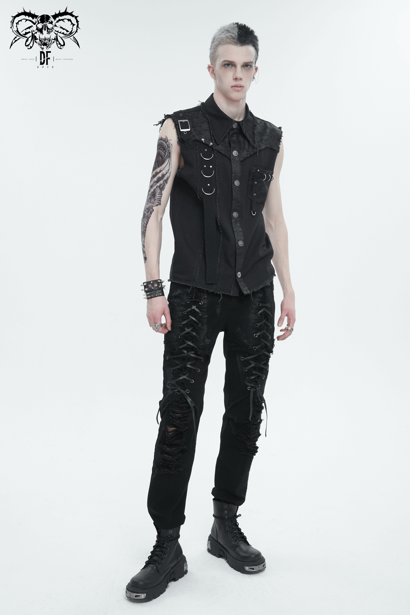 Black Gothic Slim Fitted Pants for Men / Stylish Lace-up on Thigh and Ripped on Knees Trousers - HARD'N'HEAVY