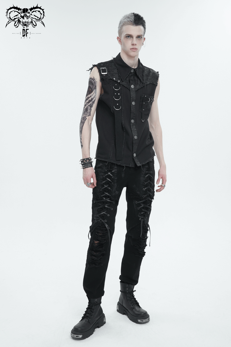 Men's black gothic slim-fitted pants with lace-up details and ripped knees, styled for a bold alternative look.