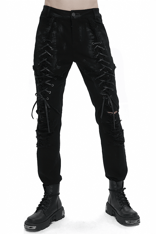 Schwarze, schmal geschnittene Gothic-Hose für Herren / Stilvolle Hose mit Schnürung am Oberschenkel und zerrissenen Knien