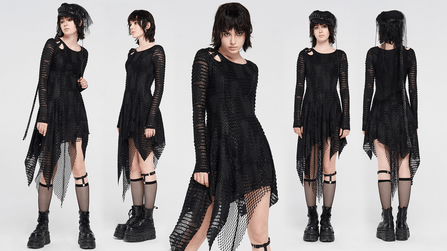 Black gothic snake print dress with layered mesh and cutouts, perfect for a dark, chic look.
