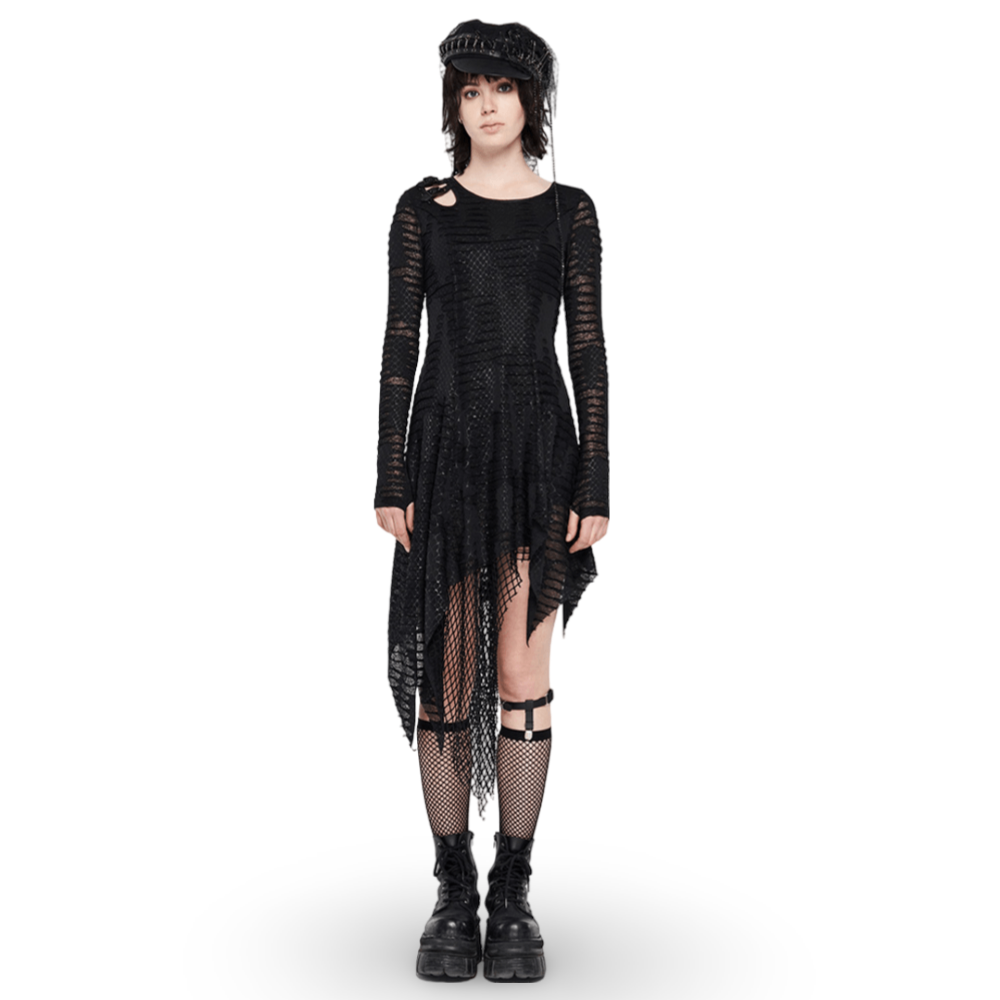 Black Gothic snake print long sleeve cutout dress with mesh layers and edgy buckle detail, perfect for bold fashion statements.
