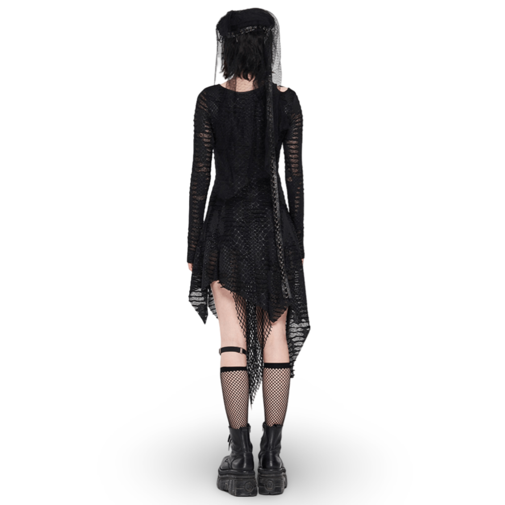 Back view of a black gothic snake print dress with layered mesh, cutout details, and edgy footwear.