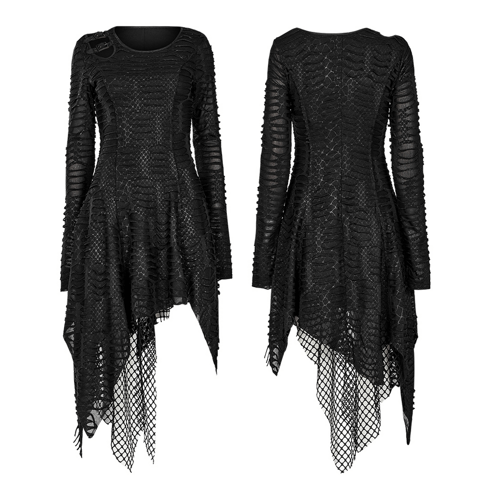 Black Gothic snake print long sleeve dress with cutout and layered mesh, featuring a chic irregular hem.